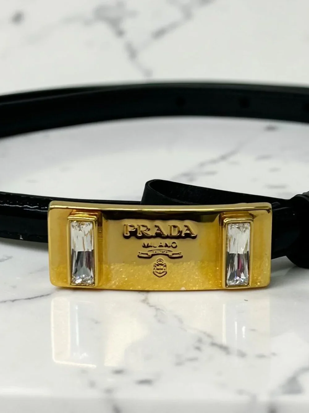 Prada Black Patent Leather Belt with Crystal-Embellished Gold Buckle